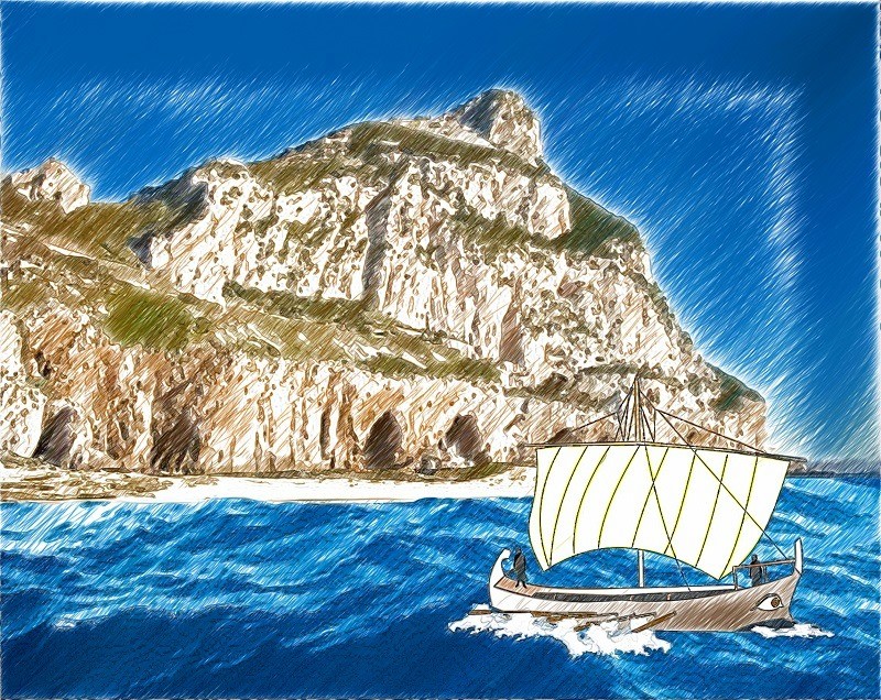 A depiction of ancient mariners arriving at Gorham's Cave.